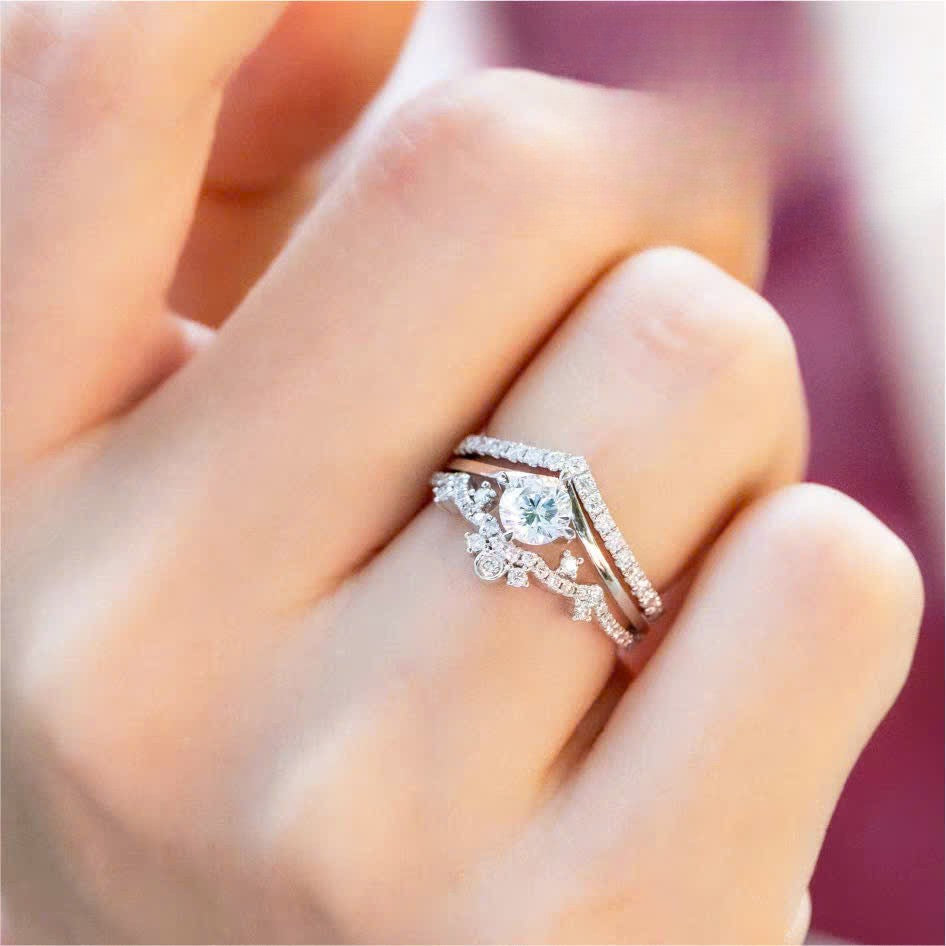 Cincin Mahkota Bunga Berkilau – Bridal Set Moissanite 6mm S925